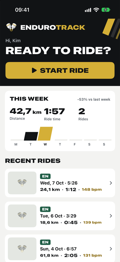 The EnduroTrack app: home screen with this week's rides