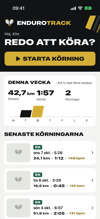 EnduroTrack-appen: startsidan med veckans körningar